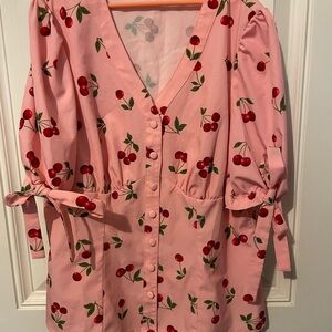 Pink Cherry Print Blouse with Tie Sleeves